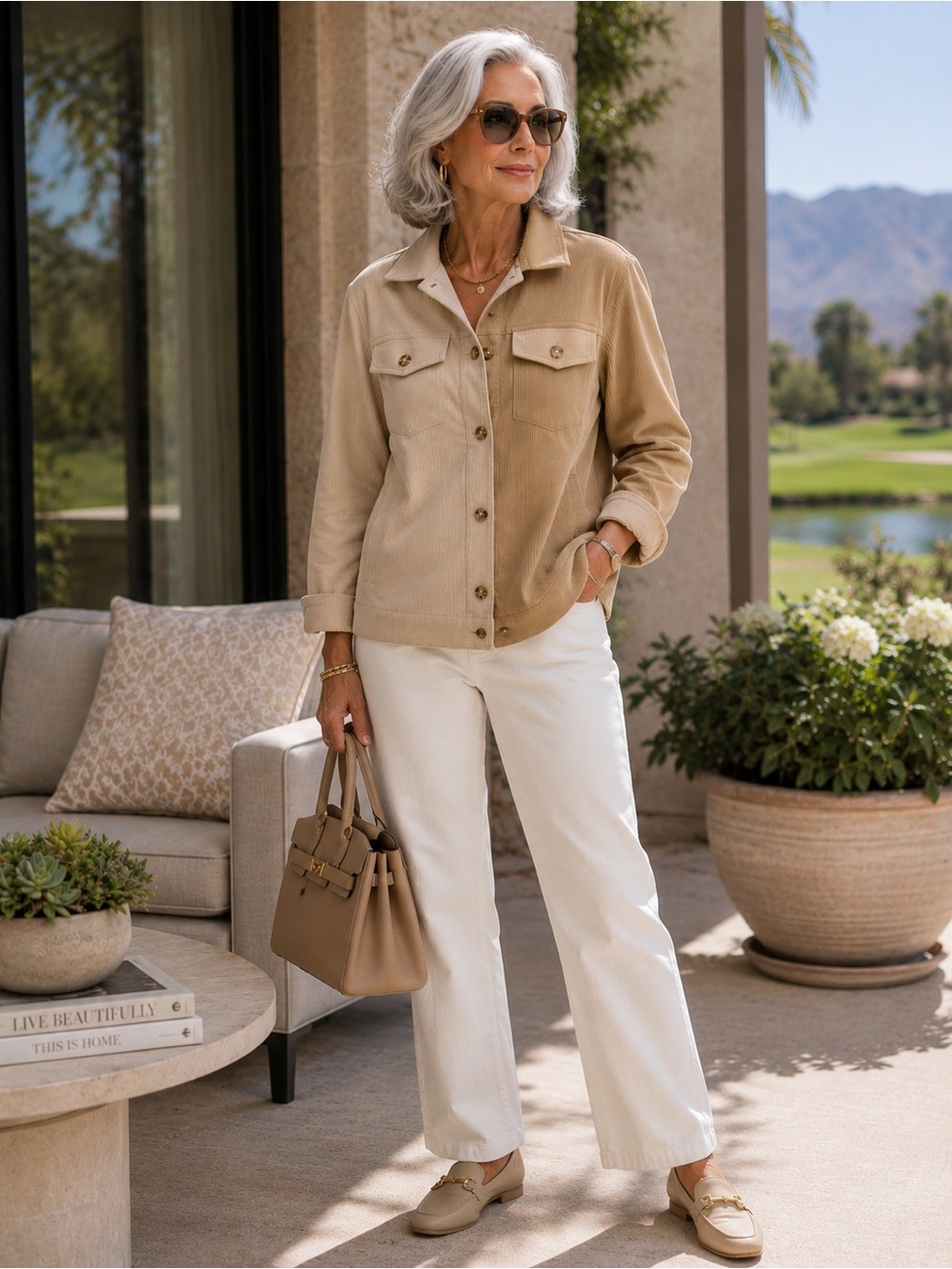 ANDREE BY UNIT Two-Tone Corduroy Utility Jacket in Beige and Tan NWT